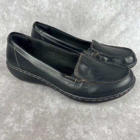 Clarks Ultimate Comfort Collection Shoes 9W Black Leather Slip On Loafers NWOB - Picture 1 of 8